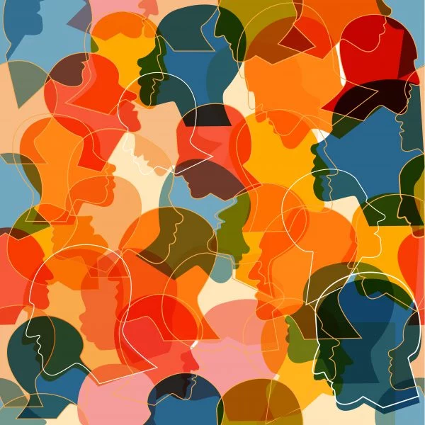 Seamless pattern of  crowd of many different people profile heads.